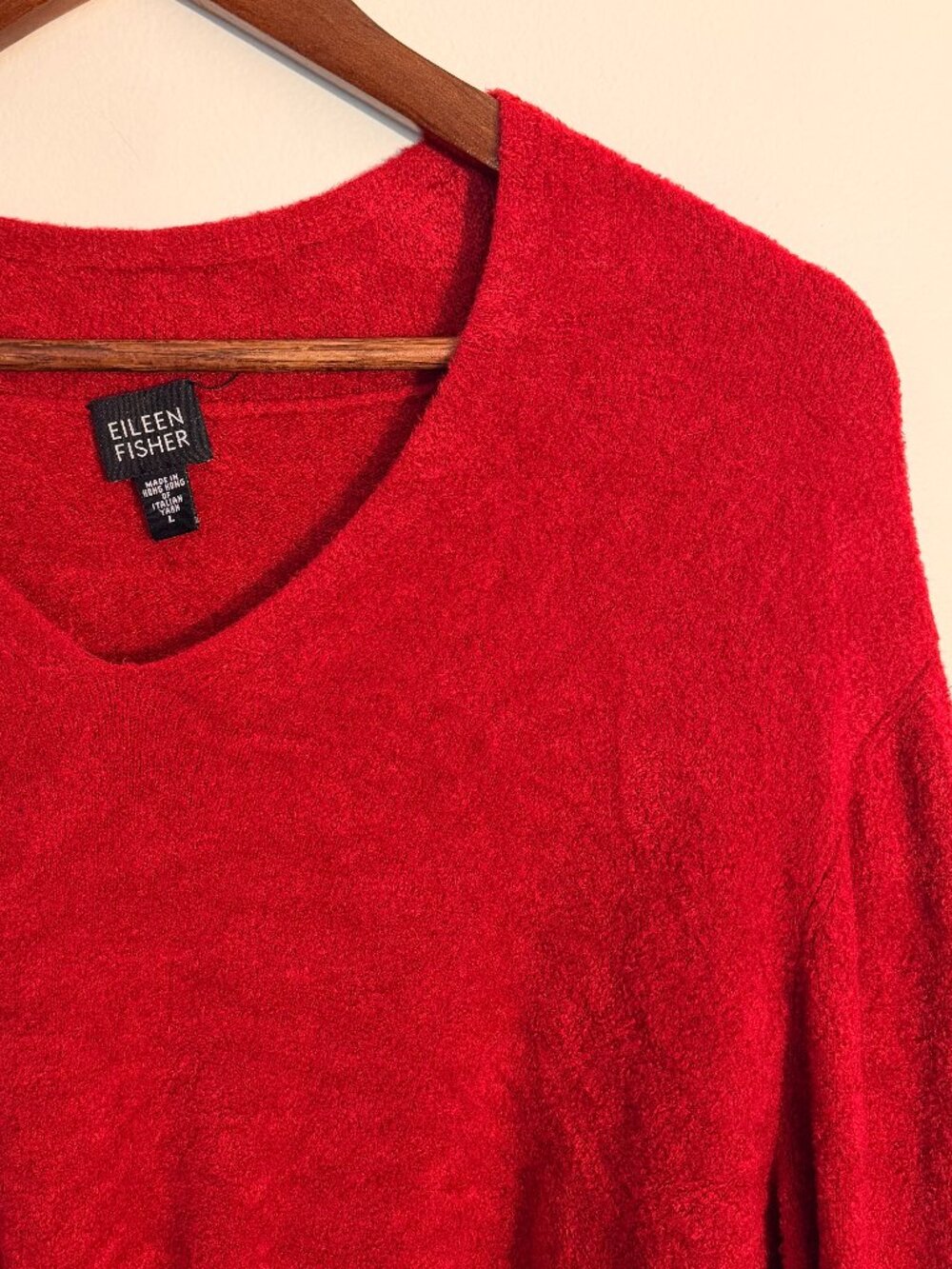 Vintage 90s Eileen Fisher Red V-Neck Sweater, Size L, Good Condition